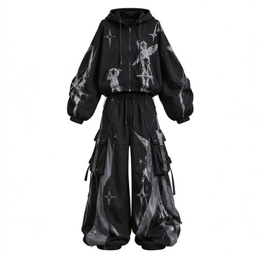 Black Cargo Hoodie & Wide-Leg Cargo Pants Streetwear Set