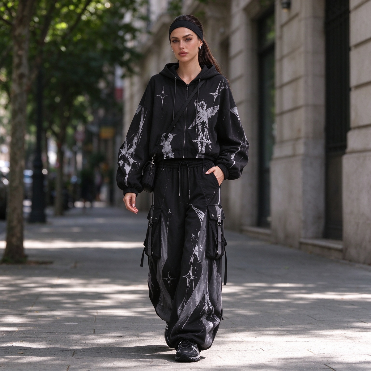 Black Cargo Hoodie & Wide-Leg Cargo Pants Streetwear Set