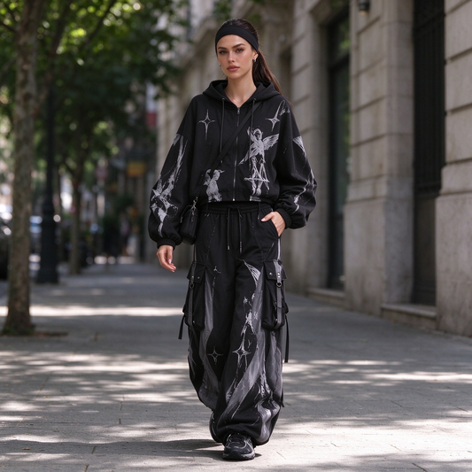 Black Cargo Hoodie & Wide-Leg Cargo Pants Streetwear Set