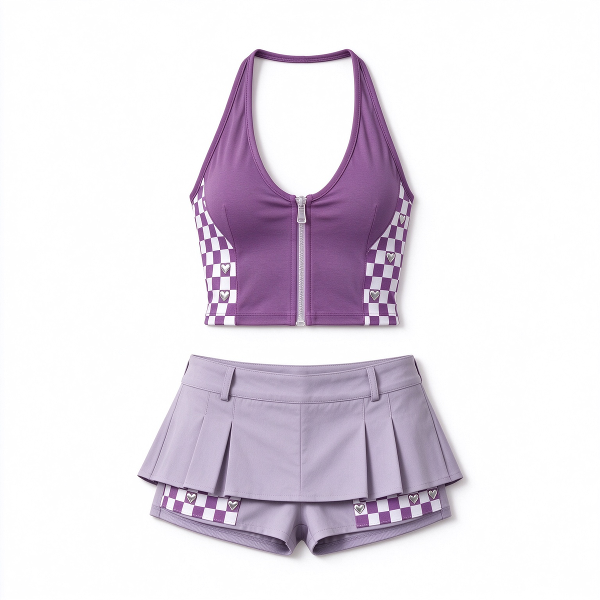 Purple Checker Halter Cami Top And Pleated Shorts Set