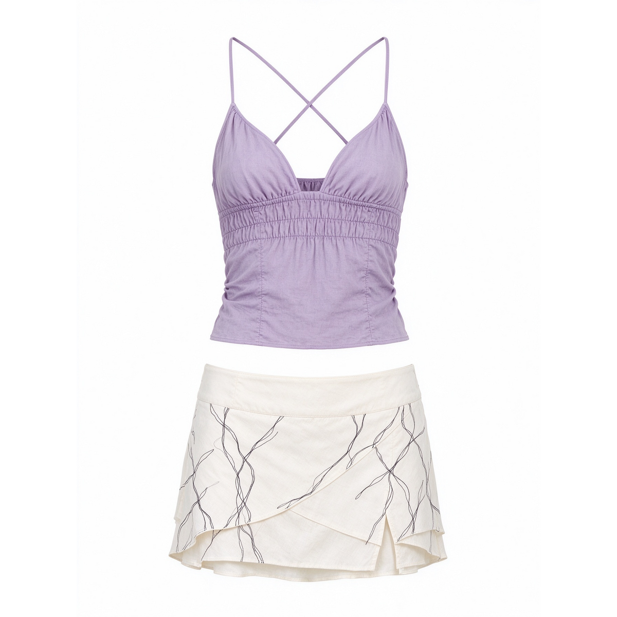Lavender Cross-Strap Cami Top & Cream Mini Skirt with Line Embroidery Set
