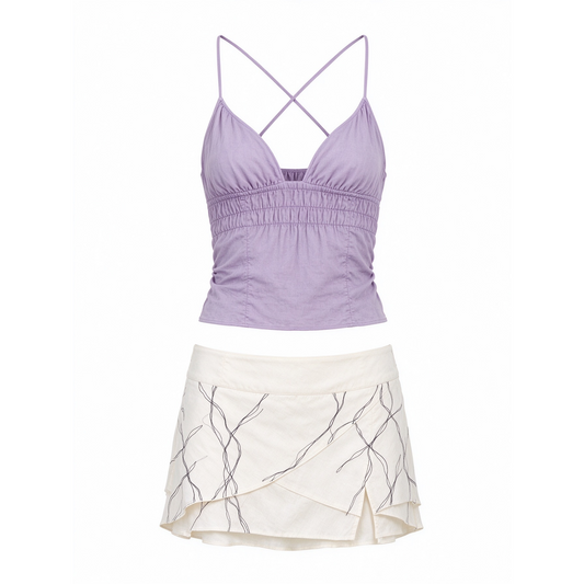 Lavender Cross-Strap Cami Top & Cream Mini Skirt with Line Embroidery Set