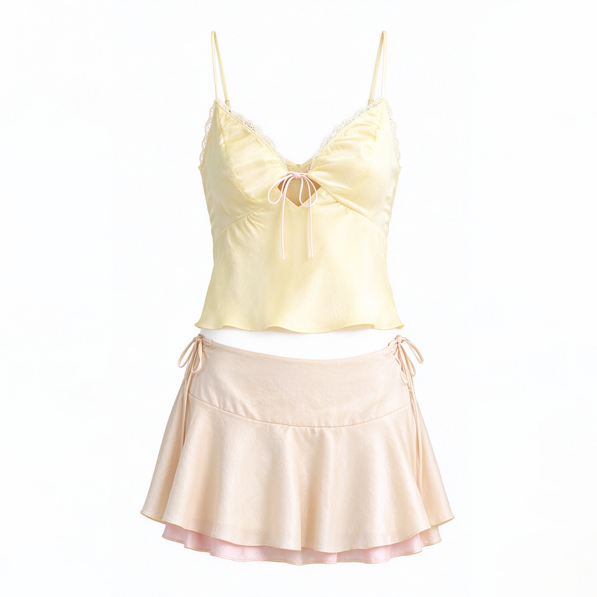 Pale Yellow Cami Crop Top & Cream Satin Low-Waist Ruffle Skirt Set