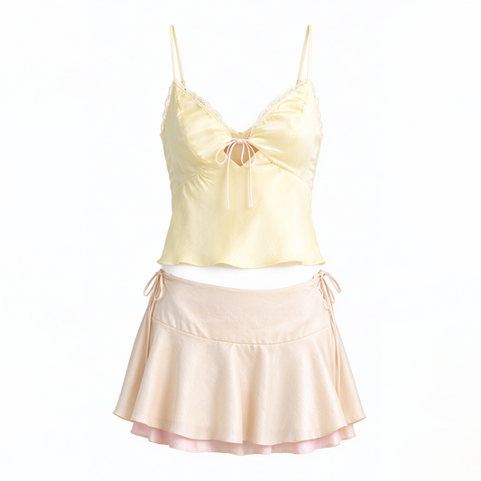 Pale Yellow Cami Crop Top & Cream Satin Low-Waist Ruffle Skirt Set