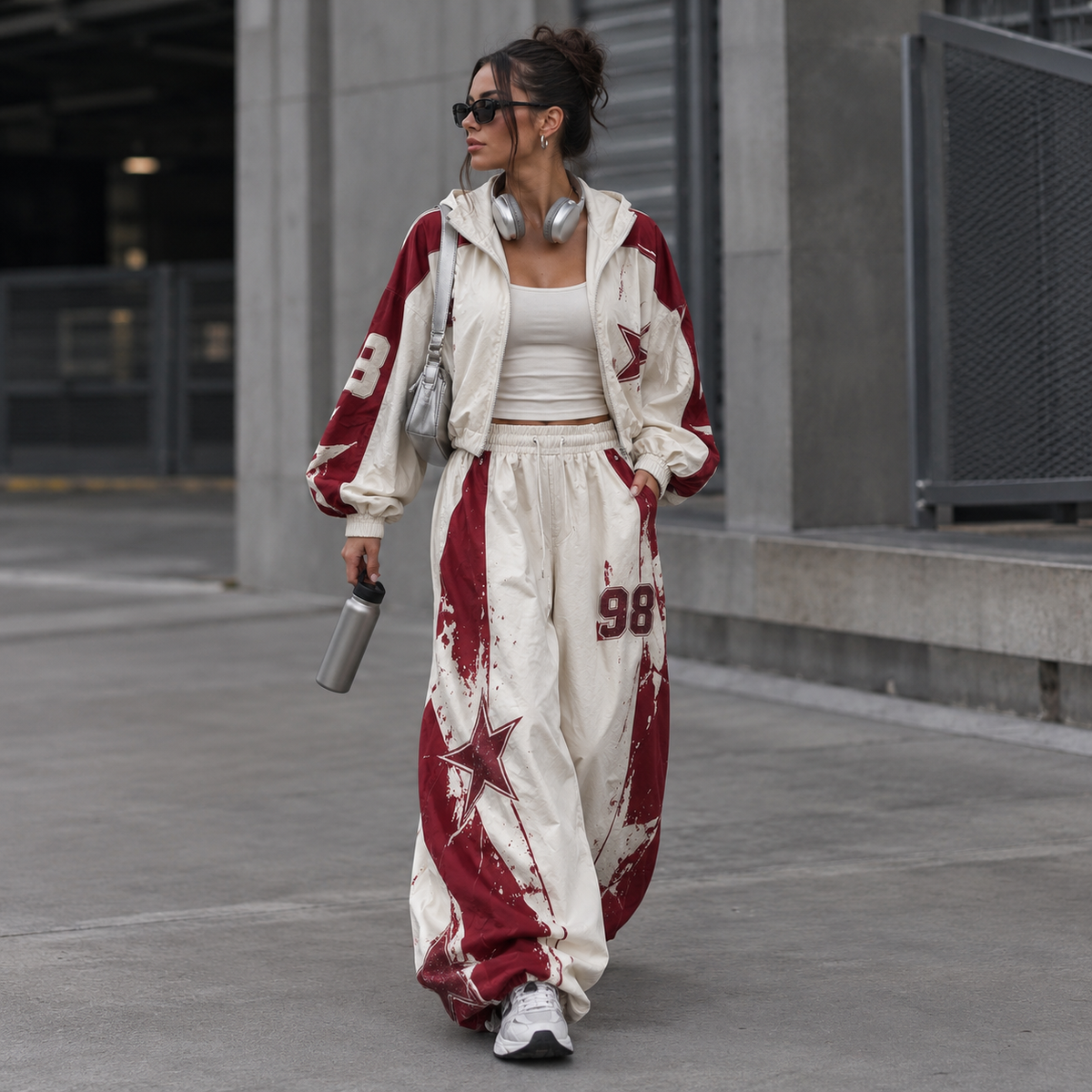 Retro 98 Cream & Wine Red Star Print Crop Hoodie & Wide-Leg Pants Set