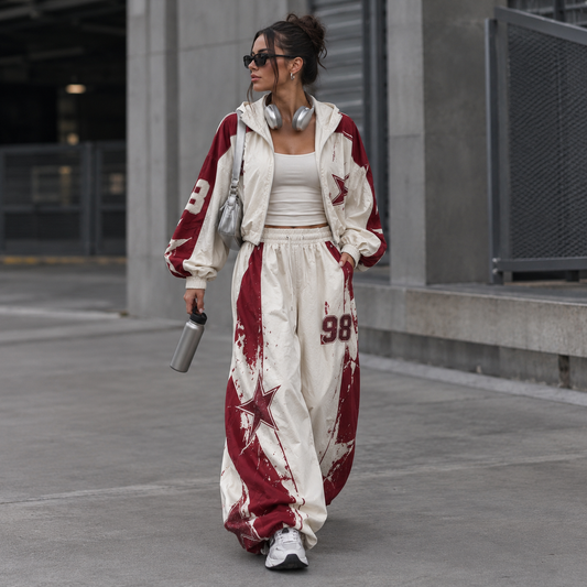 Retro 98 Cream & Wine Red Star Print Crop Hoodie & Wide-Leg Pants Set