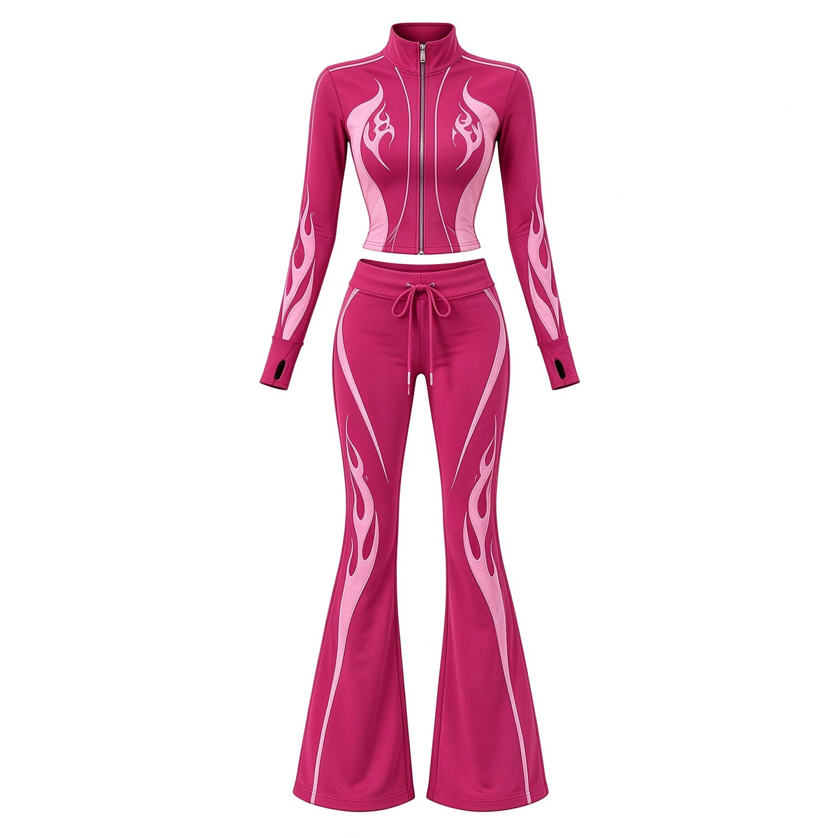 Rose Pink Flame Print Stand-Collar Crop Jacket & Flare Pants Set