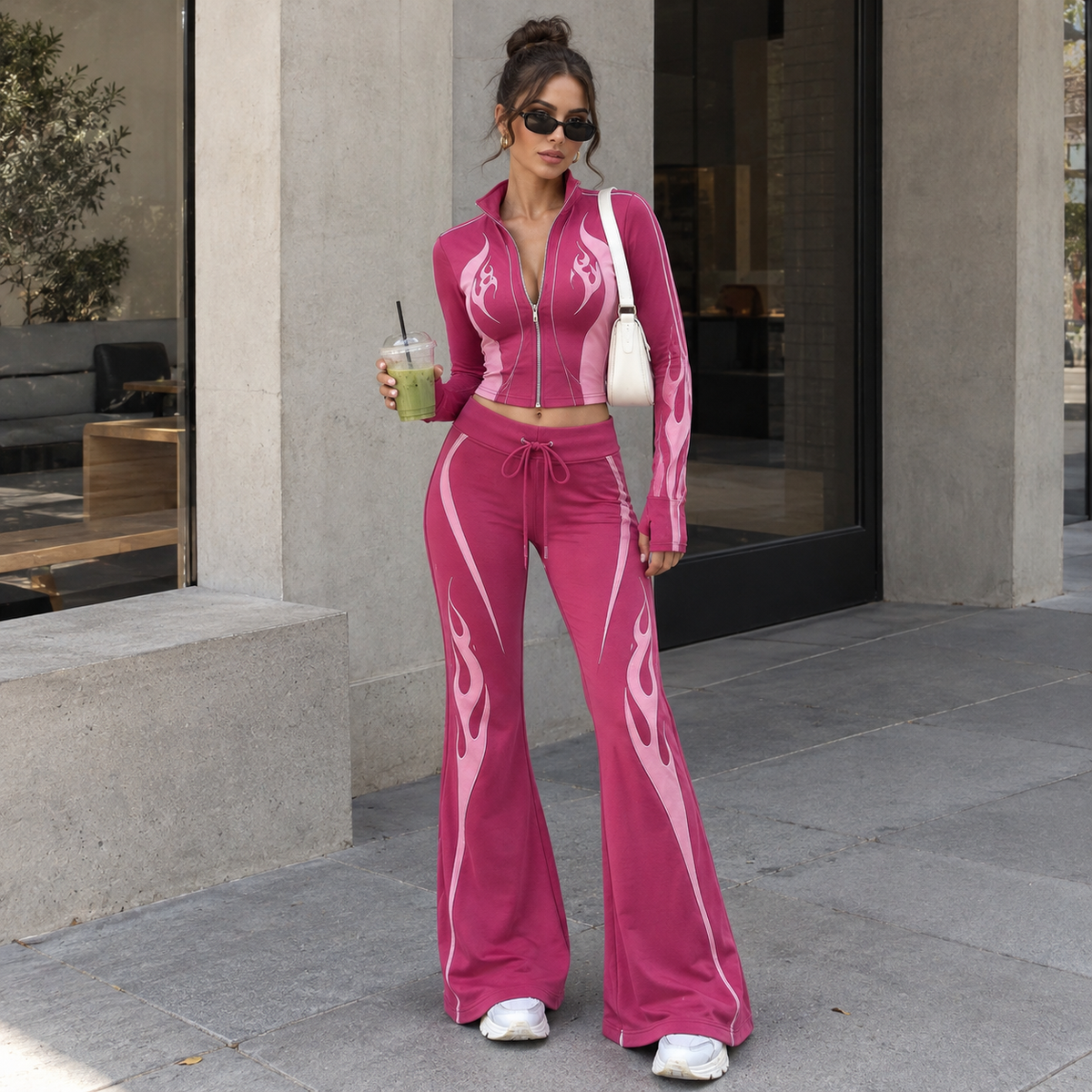 Rose Pink Flame Print Stand-Collar Crop Jacket & Flare Pants Set