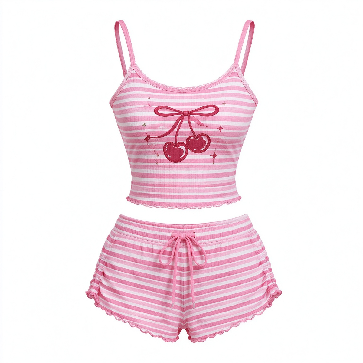 Pink Stripe Cherry Print Cami And Ruffle Shorts Set
