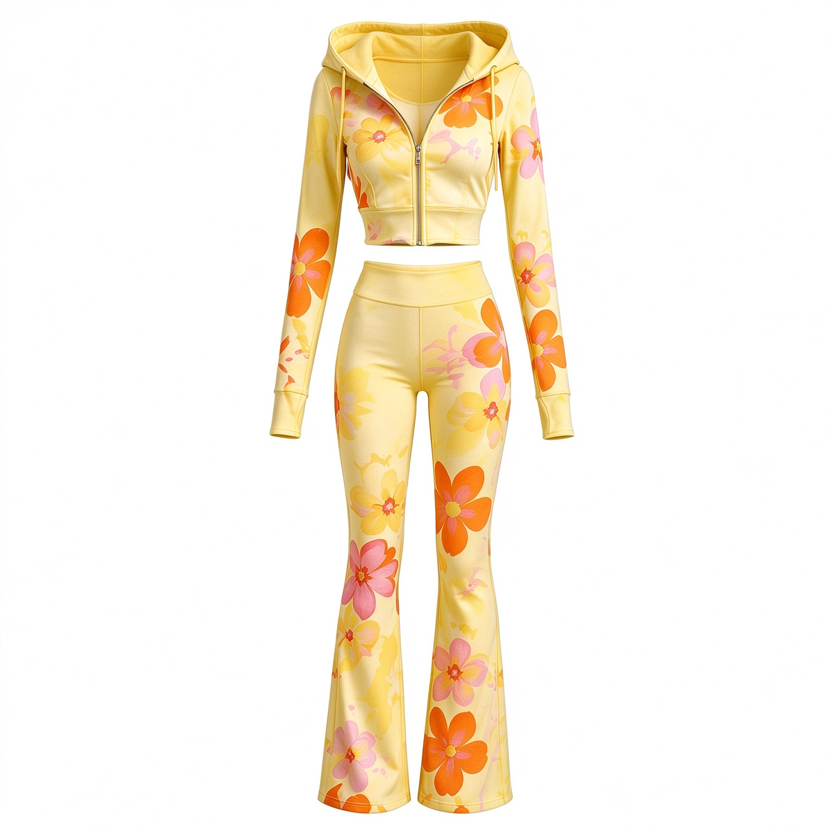Sunny Yellow Floral Print Crop Hoodie & Flare Pants Set