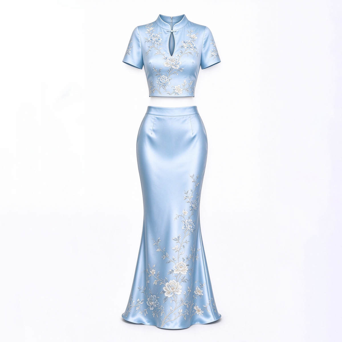 Light Blue Satin Qipao Crop Top & High-Waist Mermaid Skirt Set