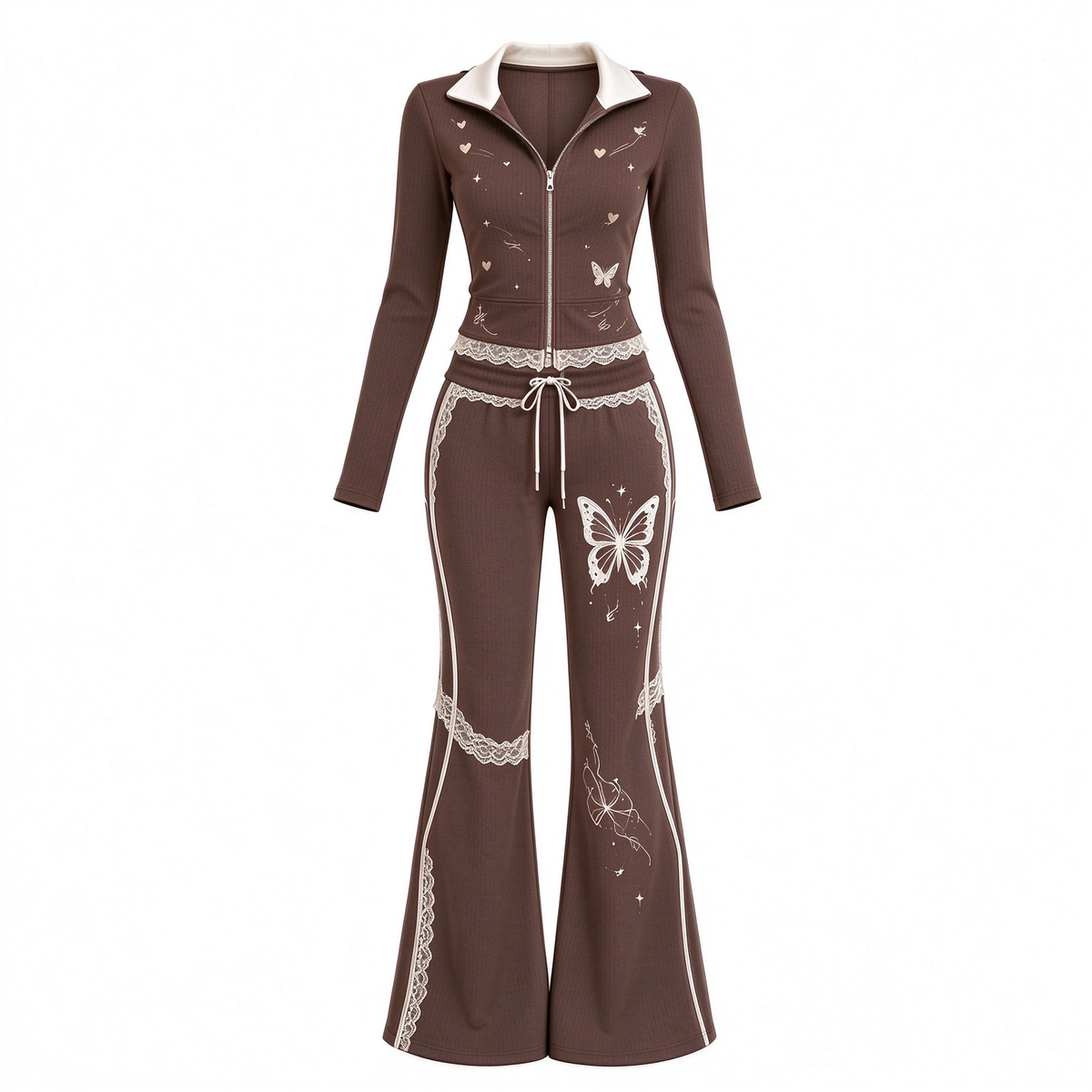 Chocolate Brown Heart & Butterfly Lace Trim Crop Jacket & Flare Pants Set