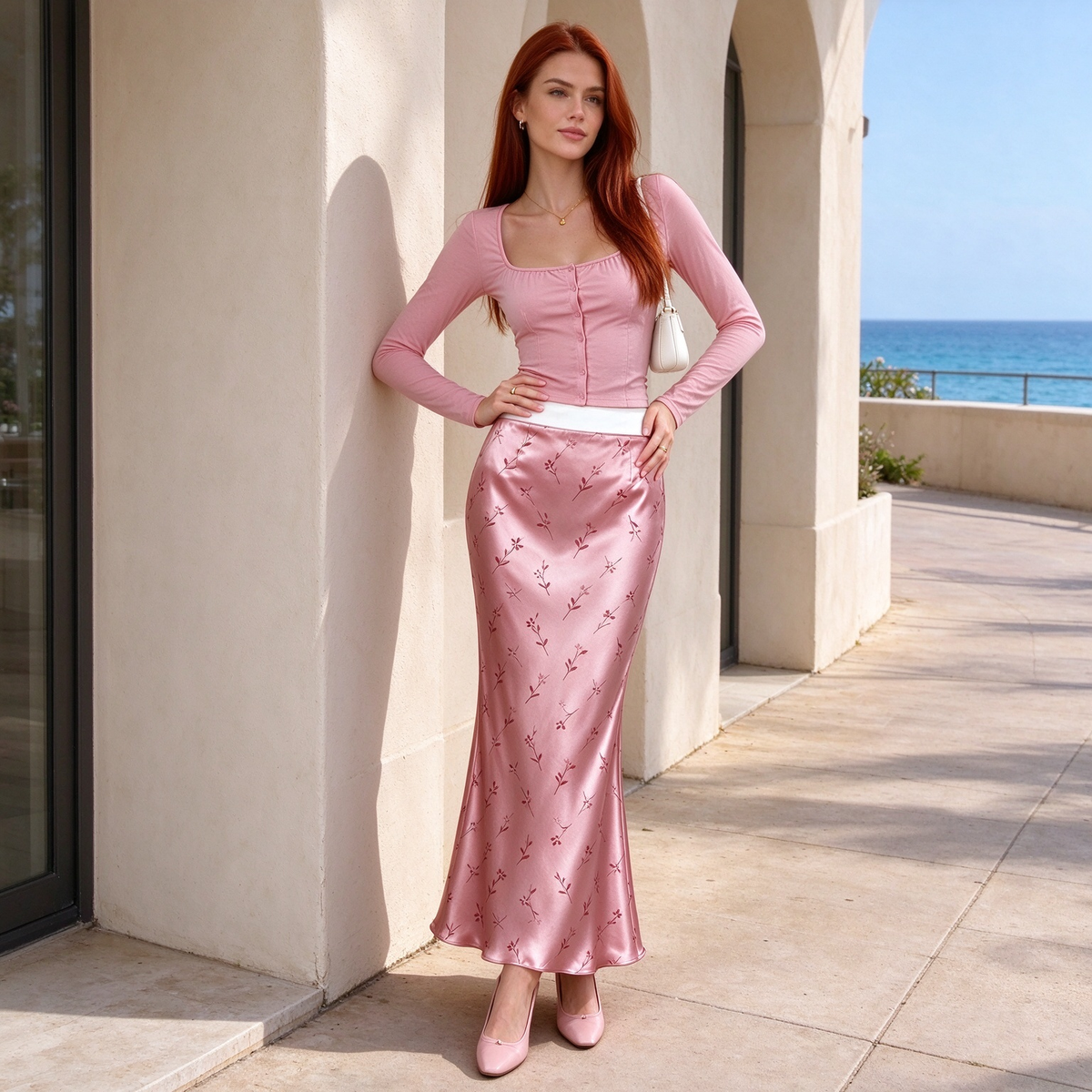 Pink Square-Collar Knit Crop Cardigan & Satin Floral Mermaid Skirt Set