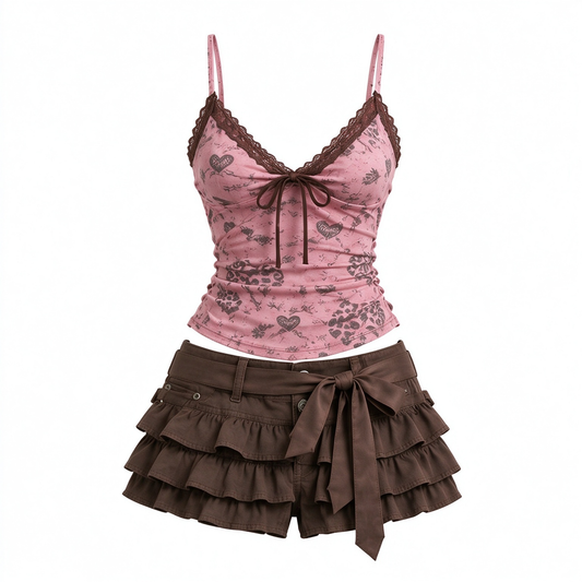 Dusty Pink Heart Cami & Brown Tiered Ruffle Shorts Set