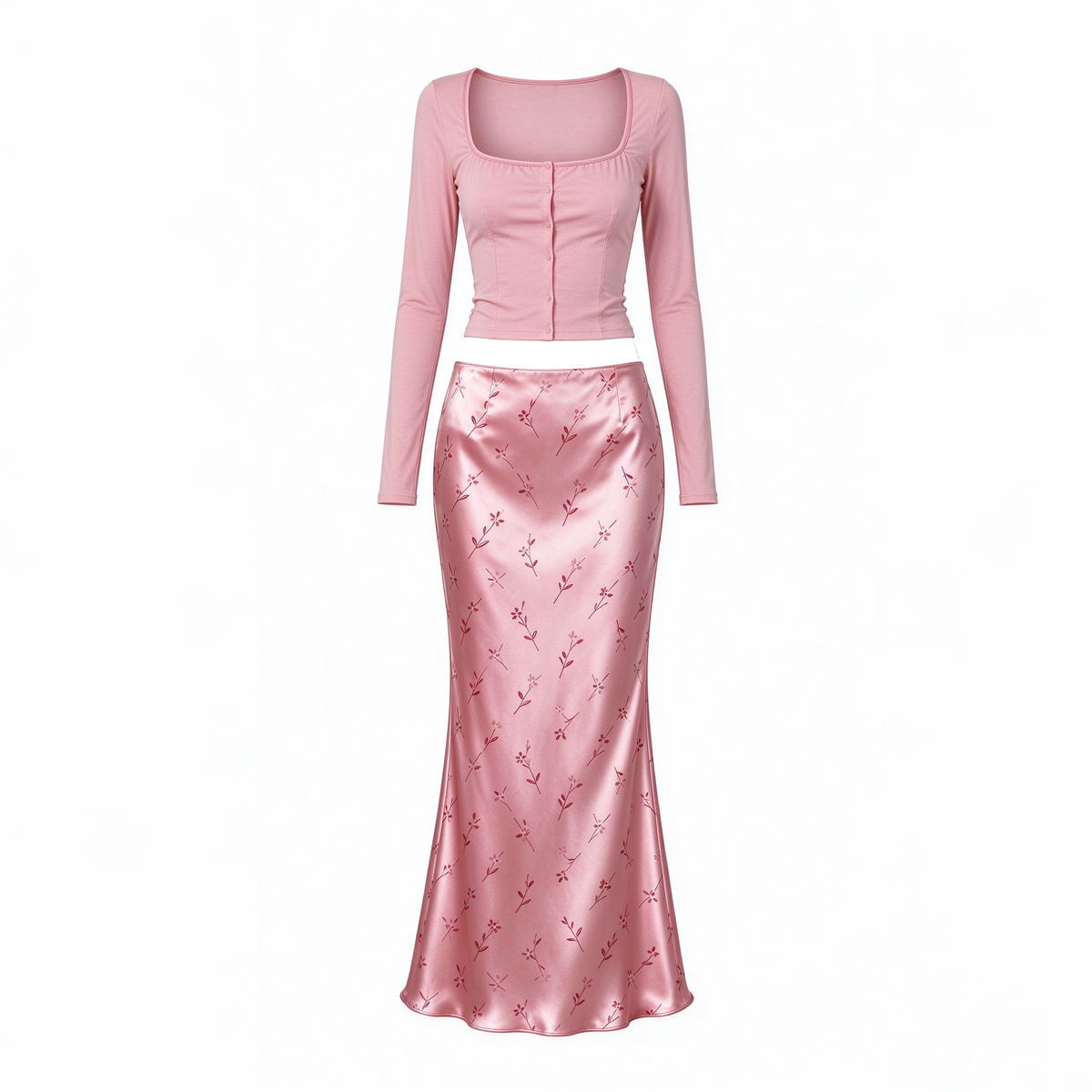 Pink Square-Collar Knit Crop Cardigan & Satin Floral Mermaid Skirt Set