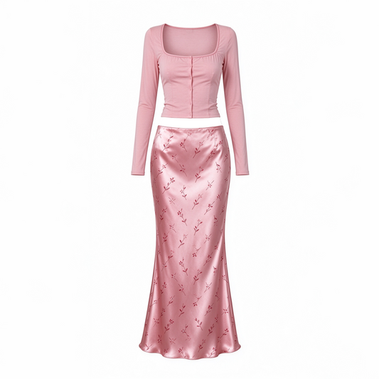 Pink Square-Collar Knit Crop Cardigan & Satin Floral Mermaid Skirt Set