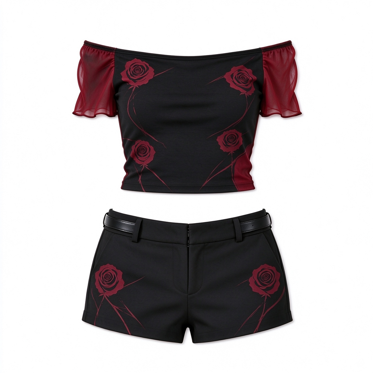Black Red Rose Off Shoulder Top And Shorts Set