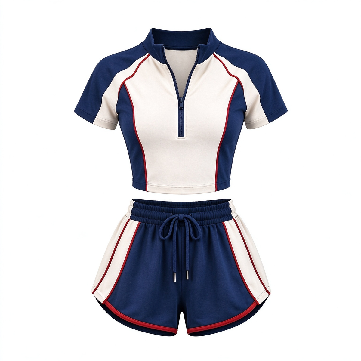 Navy & Cream Color-Block Stand-Collar Crop Top & Shorts Set with Red Trim