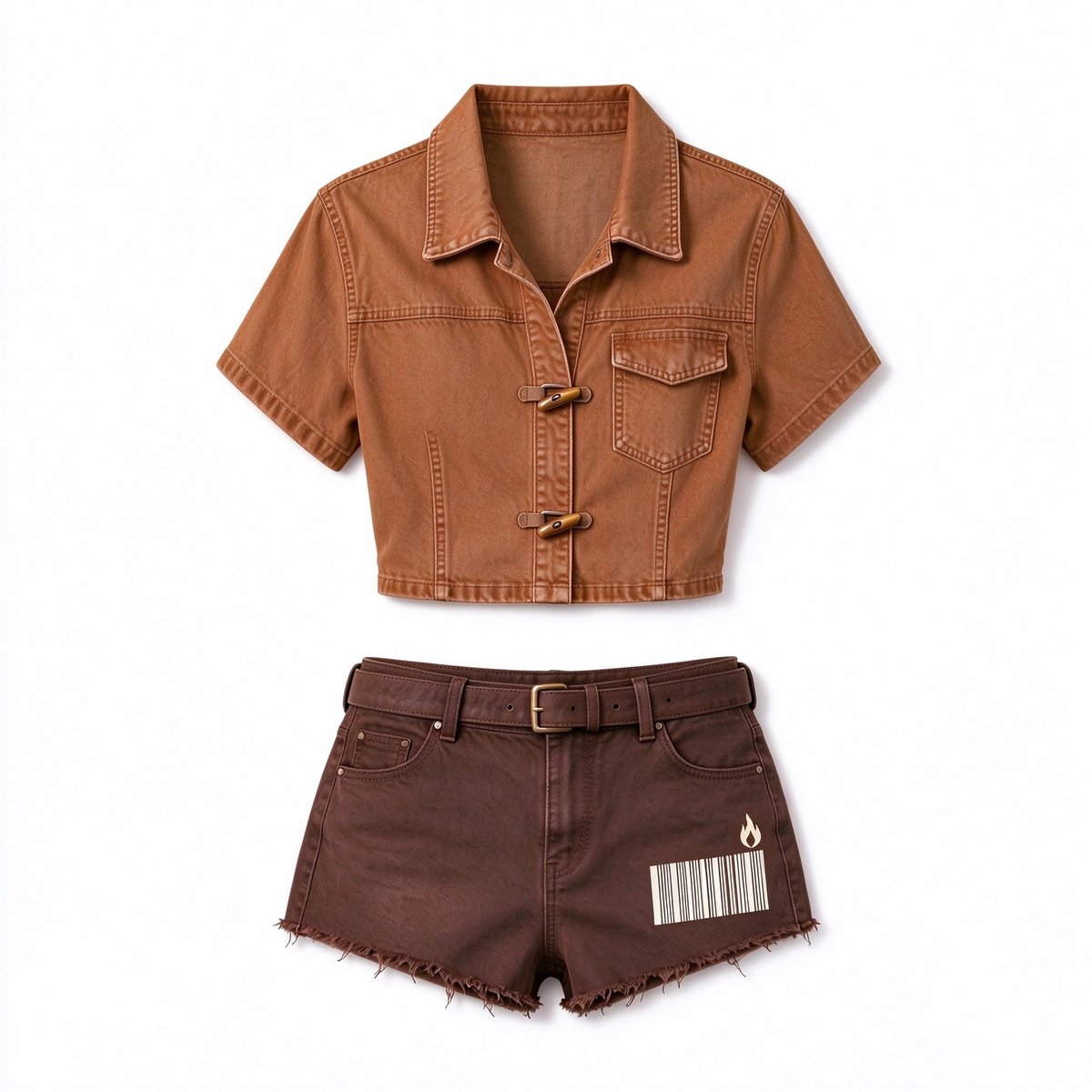 Brown Barcode Print Cropped Denim Shirt And Fringe Shorts Set