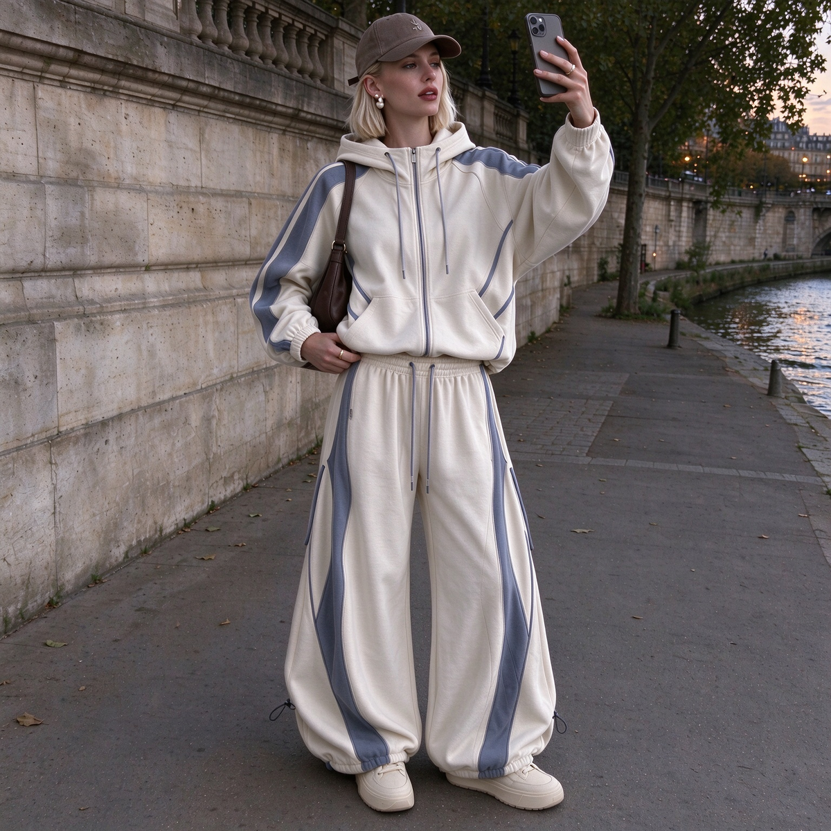 Block Oversized Zip Hoodie Wide Leg Sweatpants 2 Piece Tracksuit